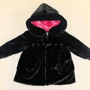 3T Girls Black & Hot Pink Plush Furry Jacket Hooded Zip Front Coat PISTACHIO